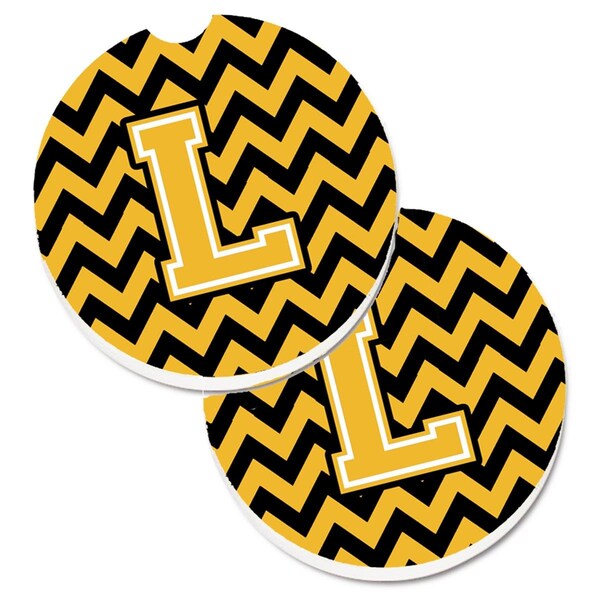 Carolines Treasures Letter L Chevron Black and Gold Set of 2 Cup Holder Car Coaster CJ1053-LCARC - main